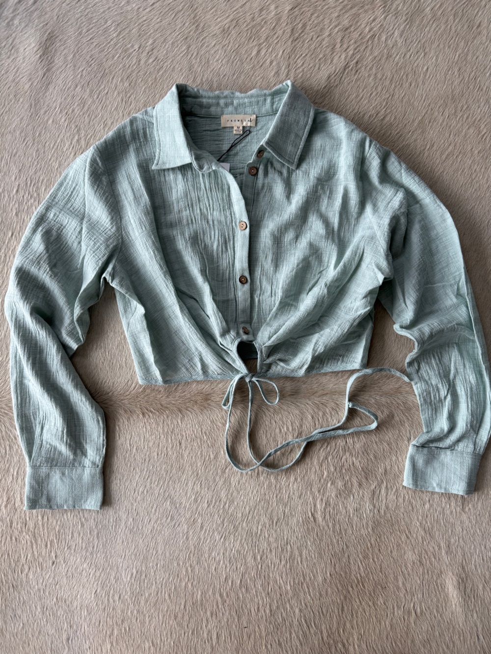 Promesa Light Seafoam Green Button-Front Cropped Tie Shirt